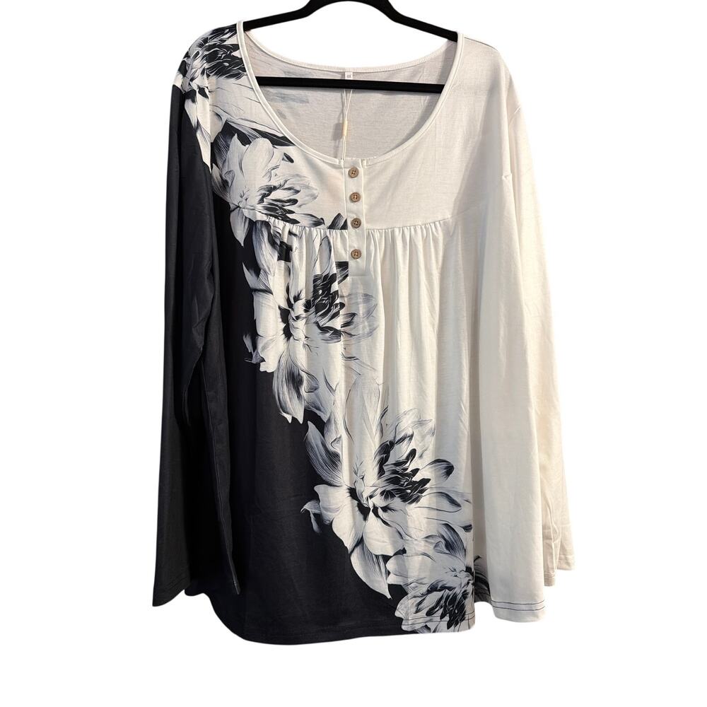 IN'VOLAND Women's Plus Size Black & White Floral Long Sleeve Blouse Size 4X New
